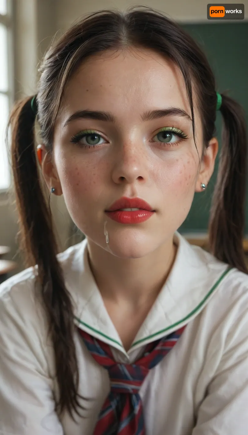 18 year old petite school girl with straight long black hair, pigtails, wearing school uniform, in the classroom, green eyeliner, cum all over face, freckles, red lipstick, young face, two cocks at the same time