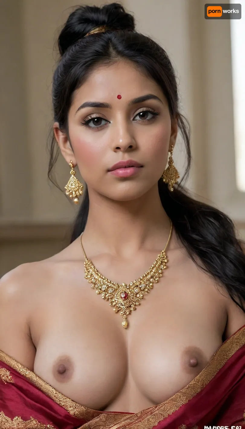 Ultra realistic, full body portrait, ((seductive look:1.7)), Imagine a beautiful Indian woman about 23 years old, she got sharp face genetics, she got jawline, perfect pink plump lips, she's wearing typical Indian golden necklace, gold Indian jhumkas, nose pierced with a nose ring on the right side, broken eyes, she got slightly hairy pussy, slightly haired vagina, (Indian:1.8), braided ponytail, fair brown skin, (long messy black hair:1.3), medium c cup size boobs, she is wearing makeup, golden hoop earrings, she is cryin, her makeup is smearing, (breasts exposed:1.5), (nude), ((bindi)), ((dark large puffy areole:1.5))