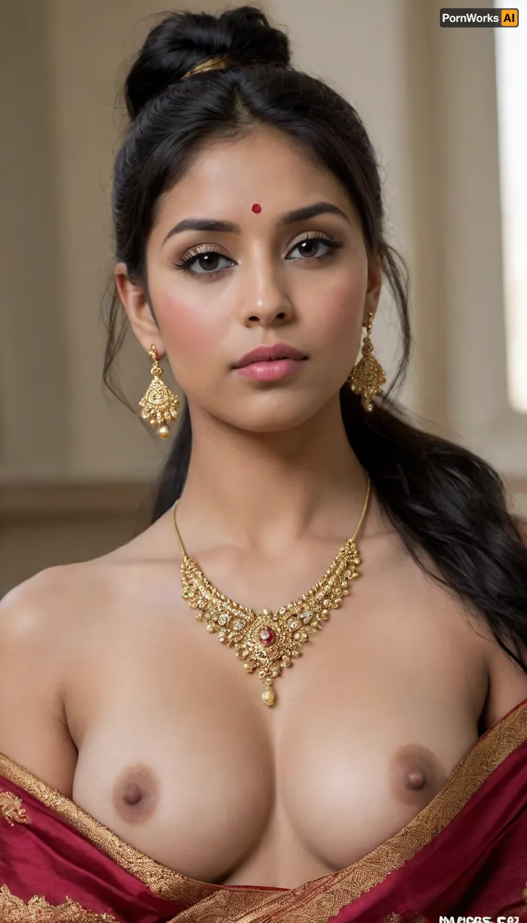 Ultra realistic, full body portrait, ((seductive look:1.7)), Imagine a beautiful Indian woman about 23 years old, she got sharp face genetics, she got jawline, perfect pink plump lips, she's wearing typical Indian golden necklace, gold Indian jhumkas, nose pierced with a nose ring on the right side, broken eyes, she got slightly hairy pussy, slightly haired vagina, (Indian:1.8), braided ponytail, fair brown skin, (long messy black hair:1.3), medium c cup size boobs, she is wearing makeup, golden hoop earrings, she is cryin, her makeup is smearing, (breasts exposed:1.5), (nude), ((bindi)), ((dark large puffy areole:1.5))