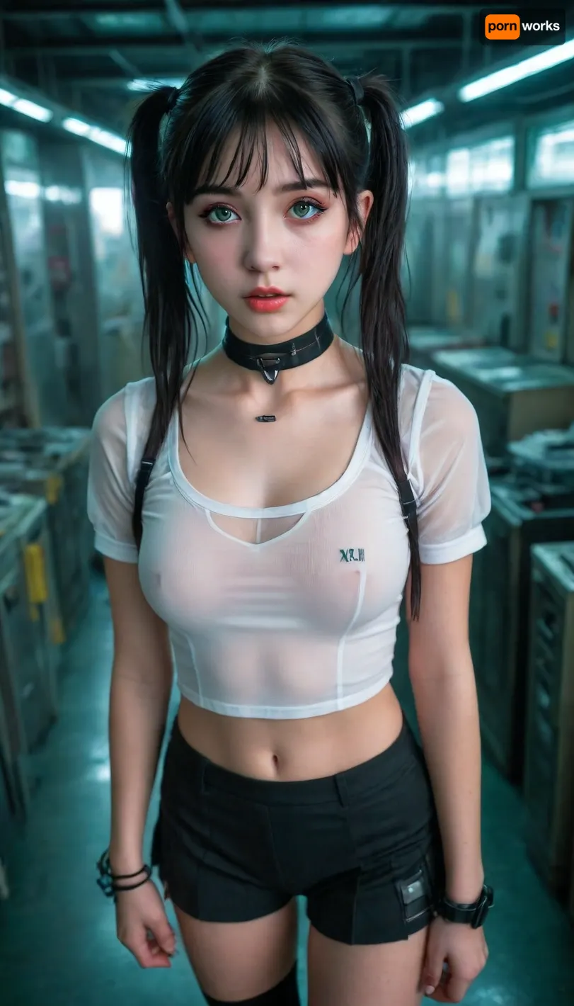 beautiful 18 years old, school girl, school uniform, black choker, see thru top, skinny face, petite body with black hair, pigtails green eyes, medium breasts, full body picture view from top, Cyberpunk, <lora:cybepunk:.8>