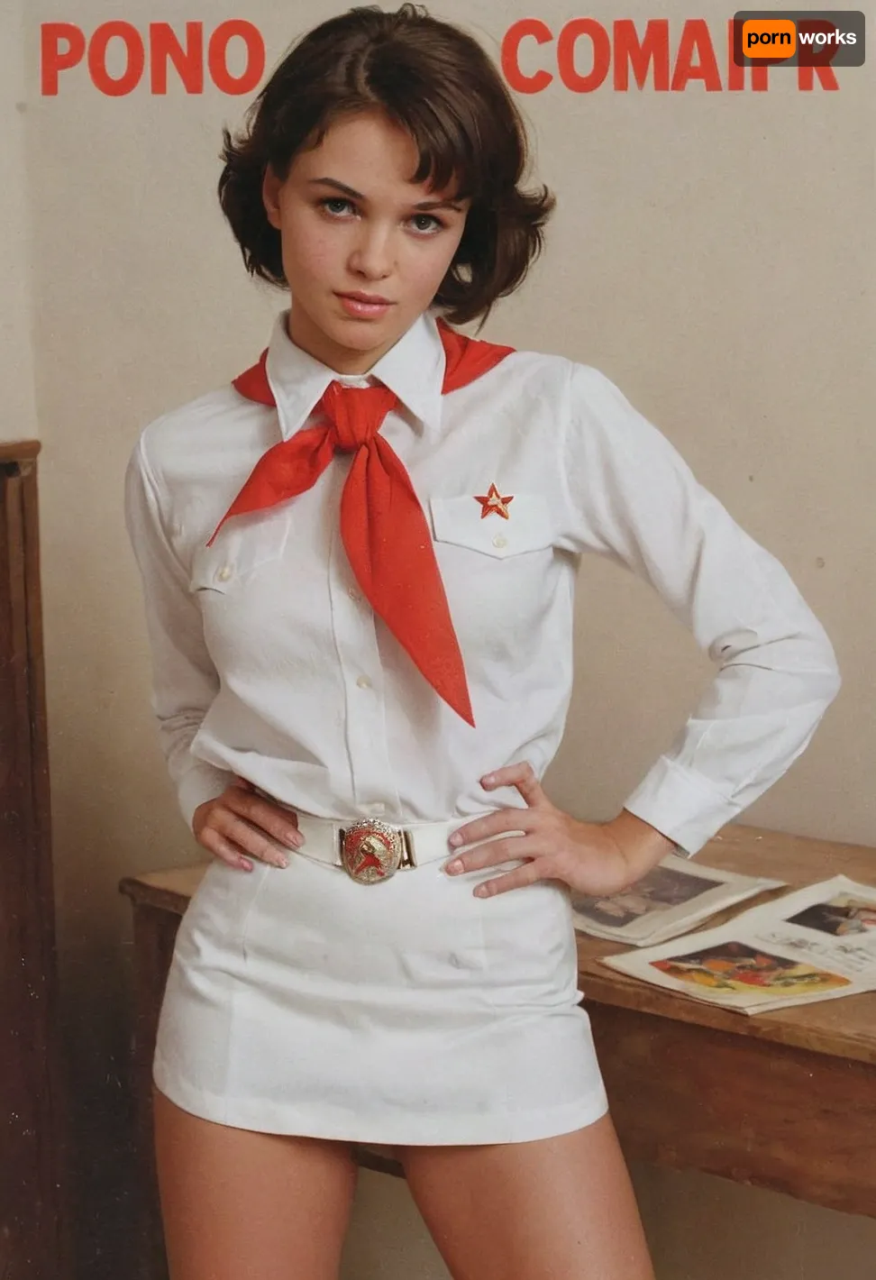 (single drawn girl:1.3), (illustration:1.3), (hand drawn:1.3), (drawn porno comics book cover:1.3), (TITLE text, "Пионер":1.3), (Soviet pioneer girl:1.2), Soviet pioneer girl 18yo, in a red scout tie, white blouse and white panties, sexy random pose, sovietForm, sopi, <lora:iltromba_artwork_style_smm_SDXL_LORA_v07:.5>, <lora:text:1.1>, pionyrs, shirt, neckerchief, skirt, sash, badge, <lora:pionyrka:.8>