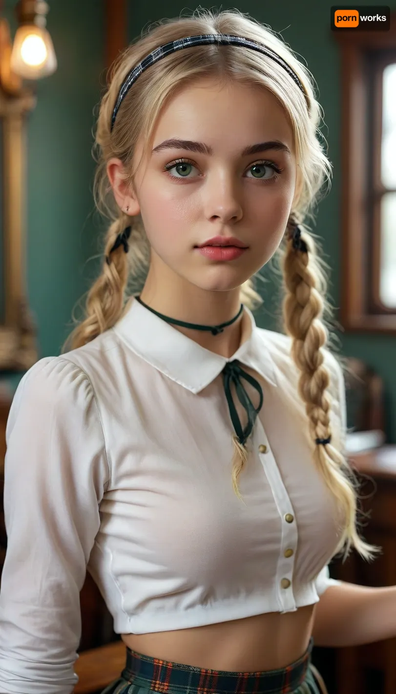 (((18 year old))), (((eye contact))), (((very young girl))), schoolgirl, medium breasts, white blouse, cleavage, plaid skirt, choker, (((blond hair, hair band))), grey-green eyes, (((cute))), (((petite girl))), (((narrow waist))), perfect hourglass figure, slim, tight waist, classroom, perfect hands, perfect fingers, perfect anatomy, realistic skin, masterpiece, best quality, high resolution, ultra detailed, <lora:MJ52:.8>, <lora:Realism_Lora_By_Stable_yogi_SDXL8.1:.8>