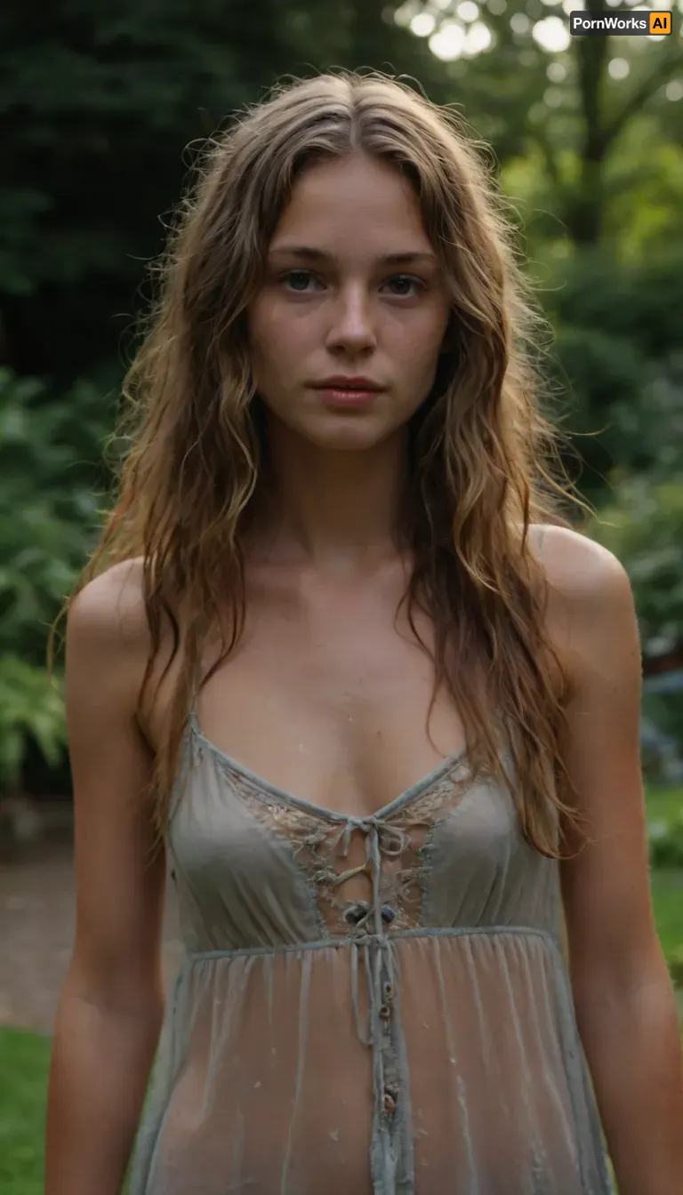 beautiful crazy hot hippy queen Occupy Wall Street protestor, wet transparent boho dress, big wet hair, 21yo Norwegian model girl, perfect face, flashing inside her garden