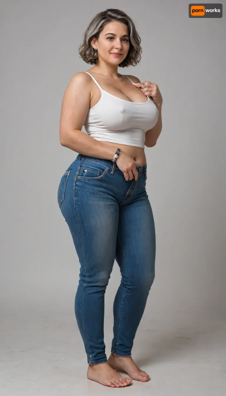 The image depicts a obese, bbw, mature woman, 60 years old, milf, full body view portrait, against a solid black background.
Body and Figure, The bbw woman has a curvaceous and full figure. Her shoulders appear broad, and her arms are chubby. Her waist is cinched, emphasizing the width of her hips and thighs, which are generously proportioned, giving her an hourglass or pear-shaped silhouette.
Breasts, She has a very full bust, with her saggy breasts appearing large and prominent, pushing against the fabric of her top. Her nipples are hard.
Clothes, She is wearing a simple white sleeveless top with wide straps, which appears to be a camisole or tank top. The top is form-fitting, highlighting her bust. Below the top, she is wearing a pair of dark blue denim jeans. The jeans are high-waisted and snug, conforming to her big hips and thighs. On her left wrist, a silver-toned watch with a metal band is visible. She is wearing a diamond wedding ring on her left hand ring finger.
Face and Features, Her face is presented frontally, with a big smile. She has dark hair, styled in a bob or shoulder-length cut, parted on the side, and appearing to have some gray highlights. Her eyes are light-colored, possibly blue or grey, and there is visible makeup around them, including eyeliner and mascara. Her eyebrows are well-defined and dark. Her nose is of average size, and her lips are full and colored with what appears to be a natural or light pink lipstick. Despite the stated age of 60, her skin appears with visible wrinkles. There's a dimple visible on her right cheek.