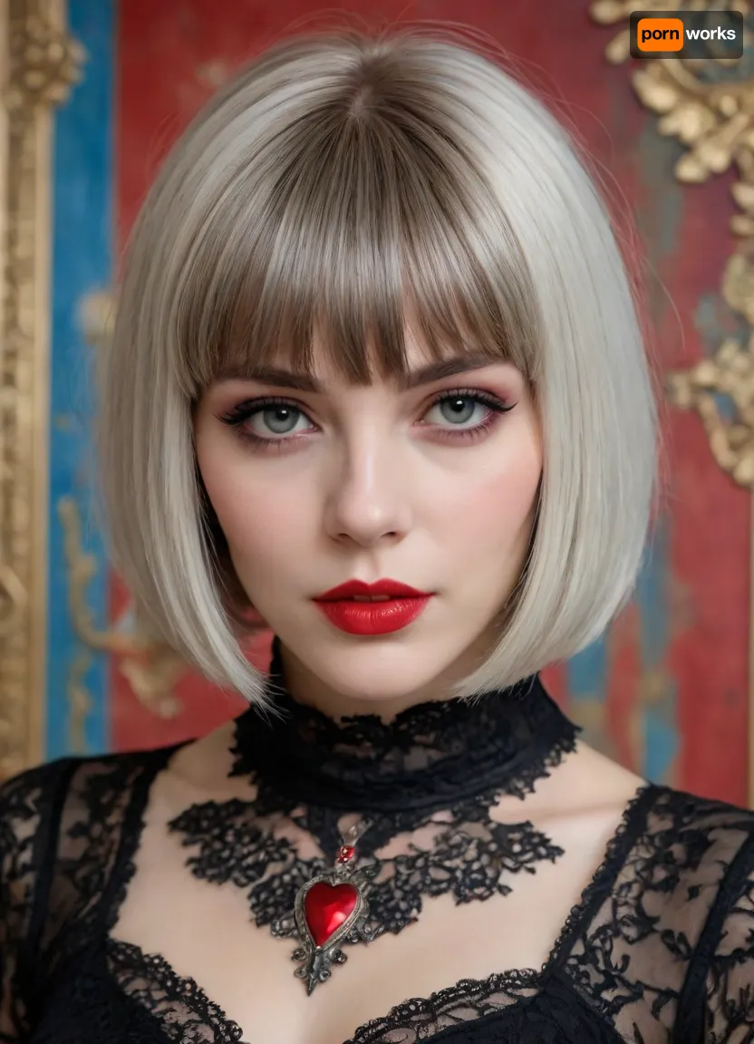 Portrait of a Russian beauty in national costume, silver hair, (bob cut with bangs:1.5), goth girl, goth makeup, red lipstick, cat eye makeup, smudged makeup, extreme detail, 20y.o.pretty face, heart eyes, lace filigree of bright, rich color. Super clear, highly detailed watercolor, glaze technique, plus colored alcohol ink, style of V. Vasnetsov