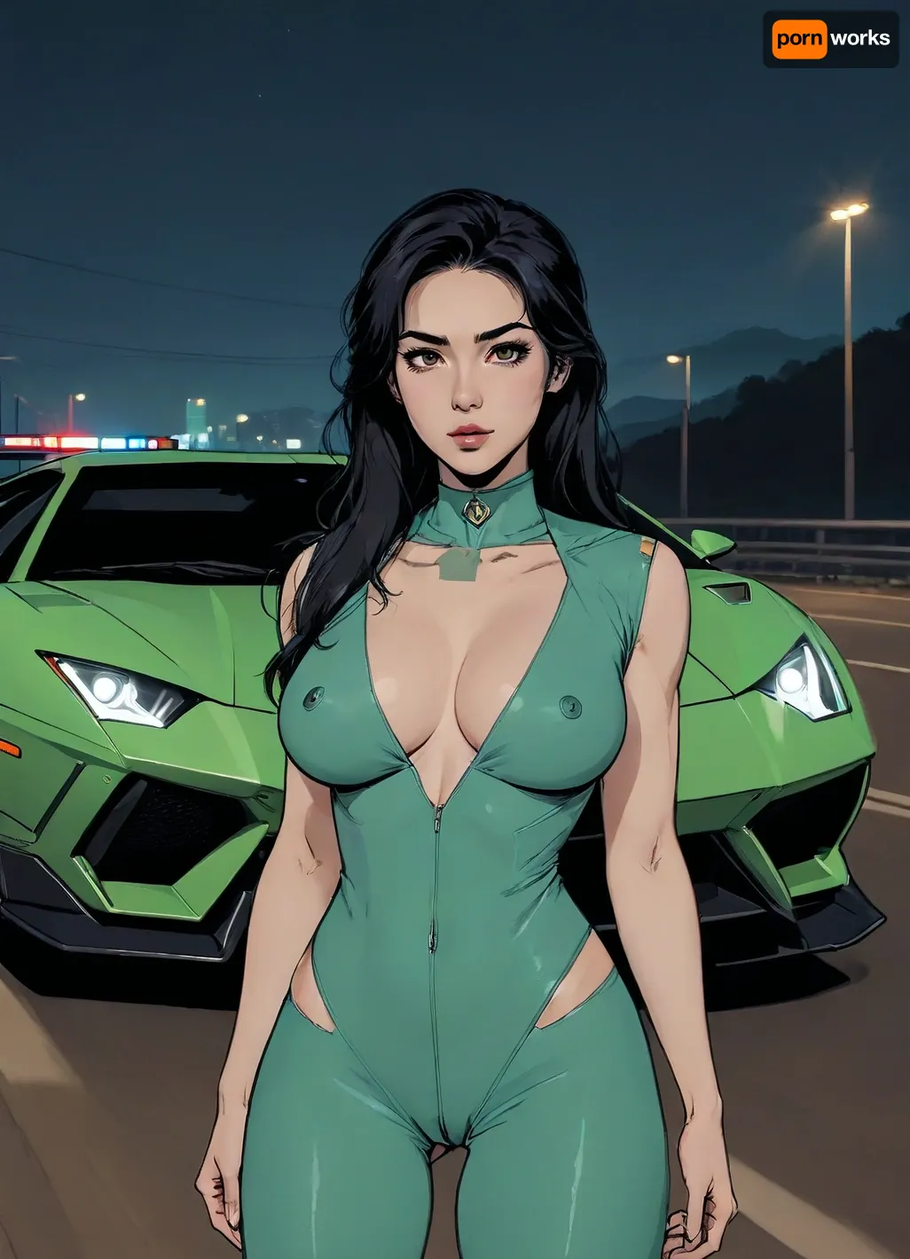 score_9, score_8_up, score_7_up, source_anime, woman posing near police Lamborghini miura, (A detailed anime drawing with clean lines and meticulous shading, flat colors, line art, no gradients, blue and green palette), realistic anatomy, Autobahn, night, moon, detailed face, (Jean, Giraud), lineart, ratatatat74, <lora:outline_xl_kohaku_delta_spv5x:1.1>, <lora:lineartSDXL:.8>, <lora:ratatatat74-000050:.8>