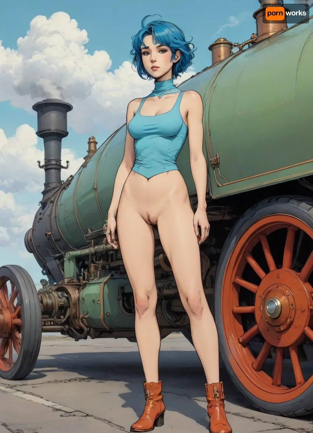 score_9, score_8_up, score_7_up, source_anime, woman standing next to steam powered car, (A detailed anime drawing with clean lines and meticulous shading, flat colors, line art, no gradients, green and blue and orange palette), realistic anatomy, steampunk, Victorian london, fog, myst, clouds, Moebius, detailed face, (Jean, Giraud), page, lineart, <lora:Moebius (Jean Giraud) Style:1>, <lora:outline_xl_kohaku_delta_spv5x:1.1>, <lora:lineartSDXL:.8>