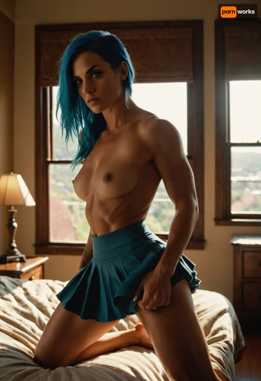A real scene in casual style, a muscular woman with blue hair and brown eyes, gets a dick in the asshole while ridding in a bedroom setting. Captured from a panoramic shot angle with sun light lighting and moody finish, wearing only skirt.
