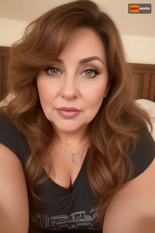 Lubica, (obese:1.1), (mature:1.5), bedroom, 65 years old chubby gilf, sagging, breasts, no, bra, big nipples, hard nipples, (wearing a black lowcut v-neck t-shirt), tan skin, wavy brunette hair with highlights parted in the middle, bangs, (chubby mature face), glamour, cinematic, hyperrealistic, 5k, best quality, (8k, RAW Photo, Highest Quality), (Epic Realism), Hyper Realistic, (Detailed Eyes), (Superior Quality), Intricate Detail, Cinematic, plump lips, contouring makeup, juicy lips, lipstick, Detailed, (film grain length, 135mm, f/2.8, DoF, bokeh, ultra-detailed skin, wrinkles, (perfect light eyes:1.3), intense seductive eye contact, looking at viewer, seductive eyes, skin pores, prominent limbal ring, high-contrast eyes, finely detailed features), (mouth open wide), seductive facial expression, lips parted, teeth showing, wrinkles on face, braless, covered, nipples, <lora:278496_training_data:.5>, <lora:bralessv2:.5>