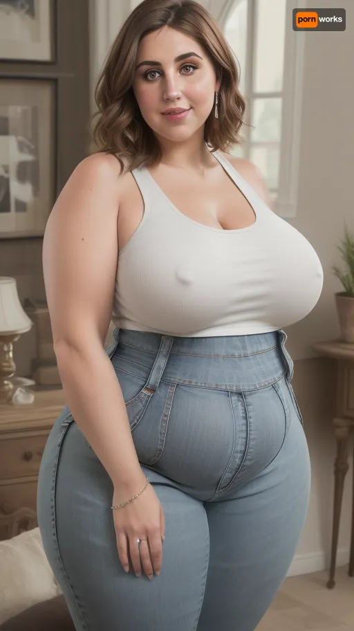 Armenian, photorealistic, Aunt Cass, (mature:1.4), (obese:1.5), best quality, 4k, ((masterpiece)), living room, extremely detailed, 8k, trending on ArtStation, Intricate, High Detail, Sharp focus, curvy, thick, thighs, 1girl, (beautiful face, perfect eyes:1.2), (milf:1.2), (curvy:1.1), (thick:1.2), (thick thighs), (bedroom_background), rating, safe, (sagging breasts:1.3), (wide_hips), collarbone, (white tank top, tight highwaist jeans), solo_focus, sensual, seductive smile, parted_lips, (brown hair, bob hair), lips, looking_at_viewer, standing, ((contrapposto)), (big fupa:1.2), plump waist, chubby
