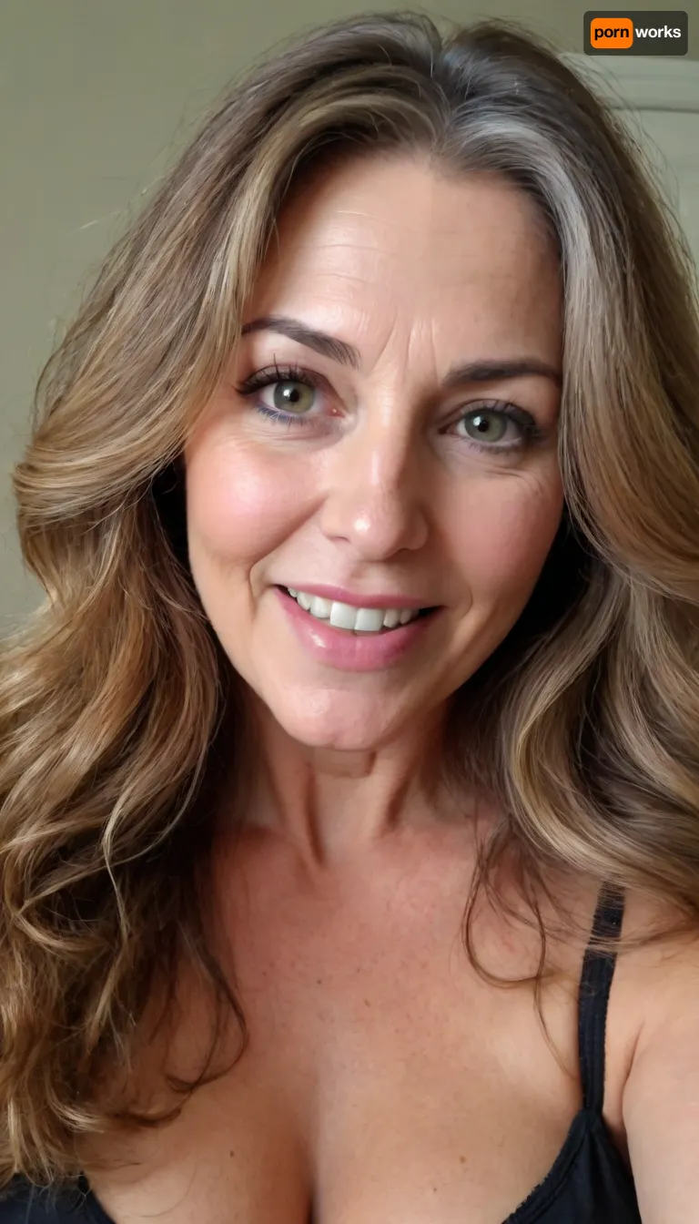 sexy mature, sexy 60 years old, brunette, long wave hair with highlights, chubby, cute smile face, huge bright hazel eyes, wide jaw, long big chin, tall, selfie, in the morning, after sleep, messy hair, sleep face
