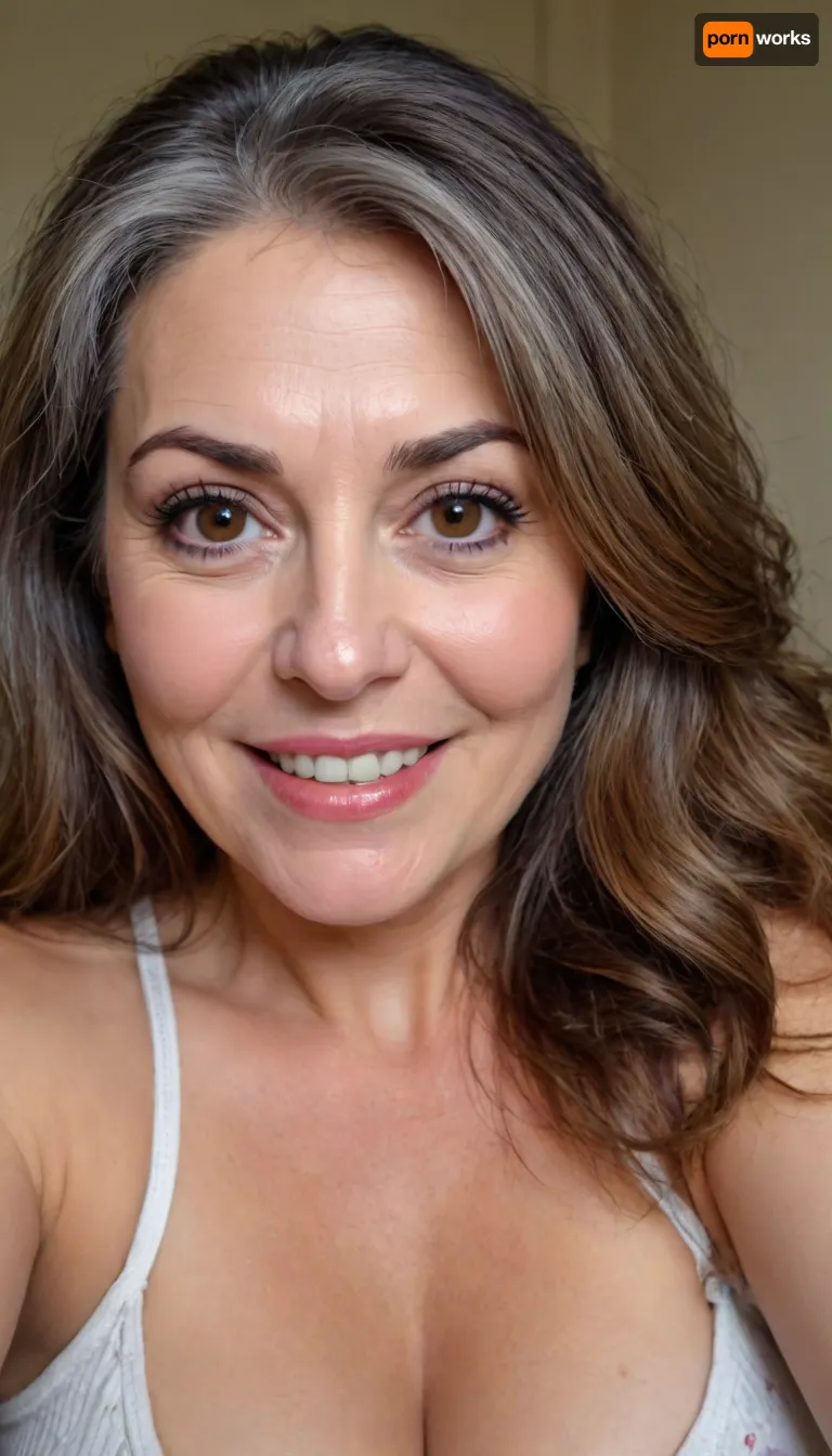 sexy mature, sexy 60 years old, brunette, long wave hair, chubby, cute smile face, huge black eyes, wide jaw, long big chin, tall, selfie, in the morning, after sleep, messy hair, sleep face
