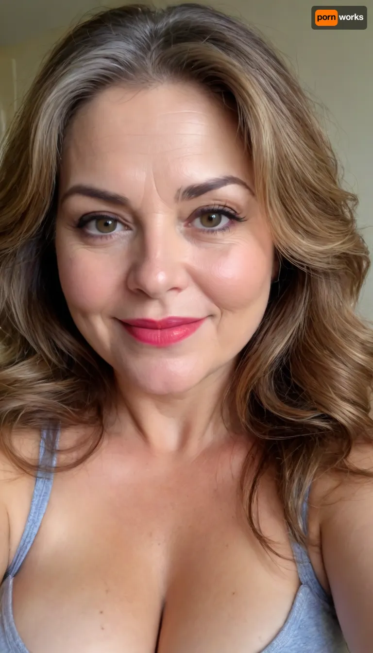 sexy mature, sexy 60 years old, brunette, long wave hair with highlights, chubby, cute smile face, huge bright hazel eyes, wide jaw, long big chin, tall, selfie, in the morning, after sleep, messy hair, seductive eyes, chubby round face, lipstick, <lora:698348_training_data:.8>