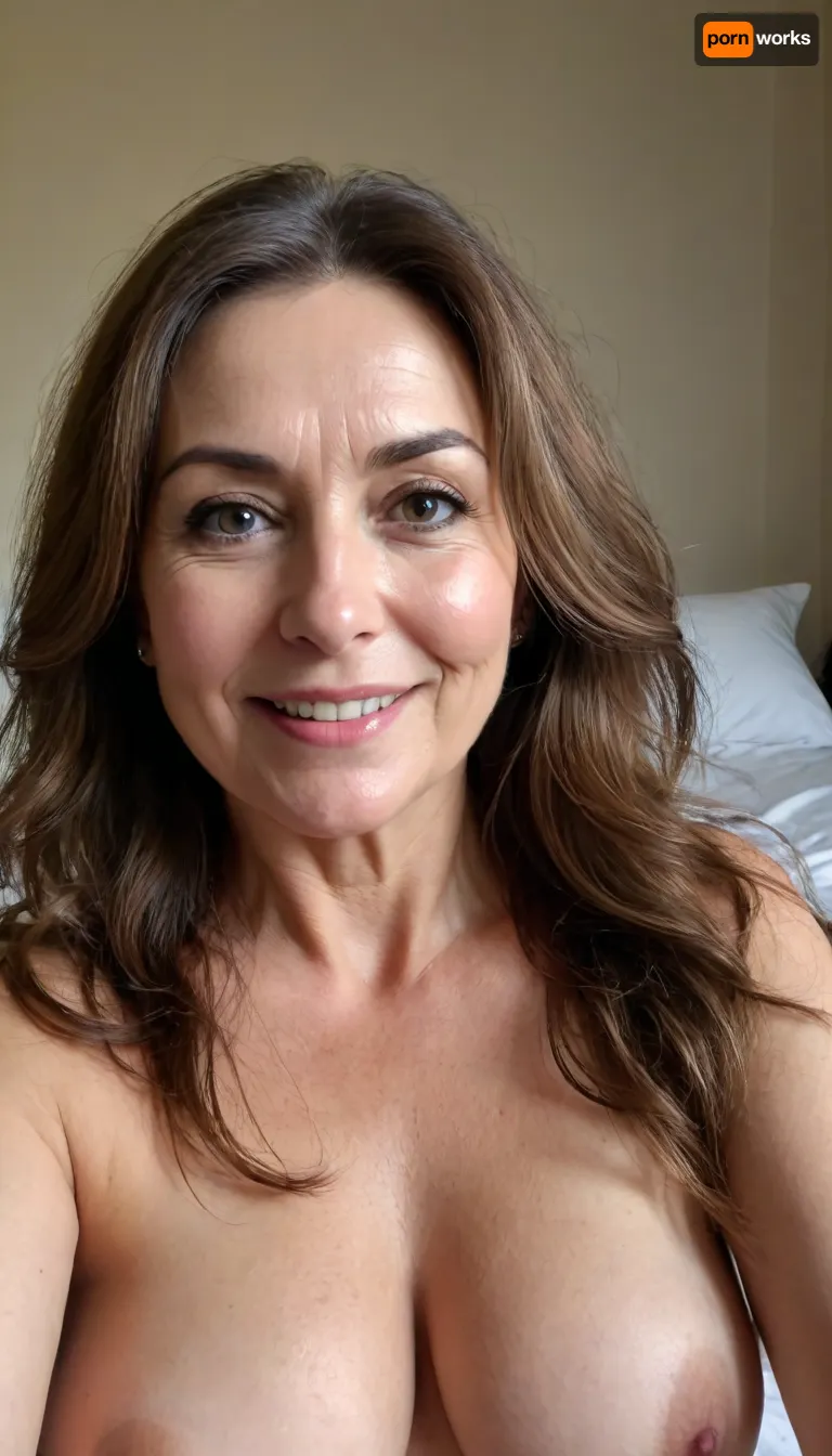 sexy mature, sexy 60 years old, brunette, long wave hair, chubby, cute smile face, huge black eyes, wide jaw, long big chin, tall, selfie, in the morning, after sleep, messy hair, sleep face, <lora:698348_training_data:.8>