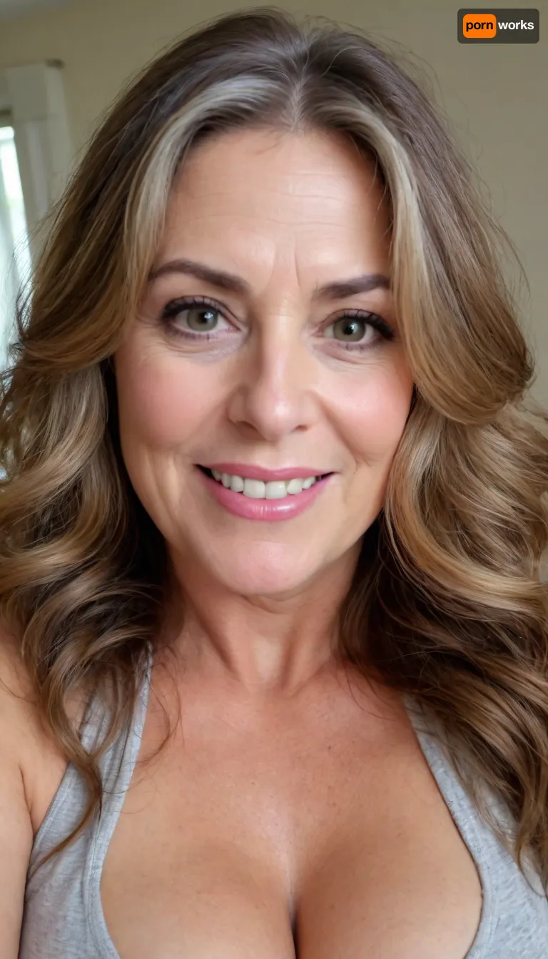 sexy mature, sexy 60 years old, brunette, long wave hair with highlights, chubby, cute smile face, huge bright hazel eyes, wide jaw, long big chin, tall, selfie, in the morning, after sleep, messy hair, seductive eyes, chubby face, <lora:698348_training_data:.8>