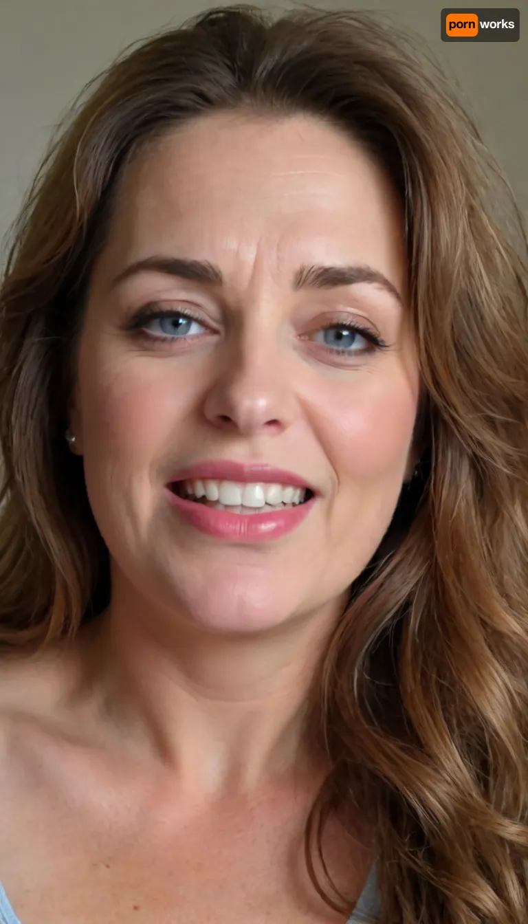 sexy mature, sexy 60 years old, brunette, long wave hair with highlights, chubby, cute smile face, huge bright blue eyes, wide jaw, long big chin, tall, selfie, in the morning, after sleep, messy hair, seductive eyes, chubby round face, lipstick, org4smic, <lora:org4smic_sdxl:.8>, <lora:698348_training_data:.8>