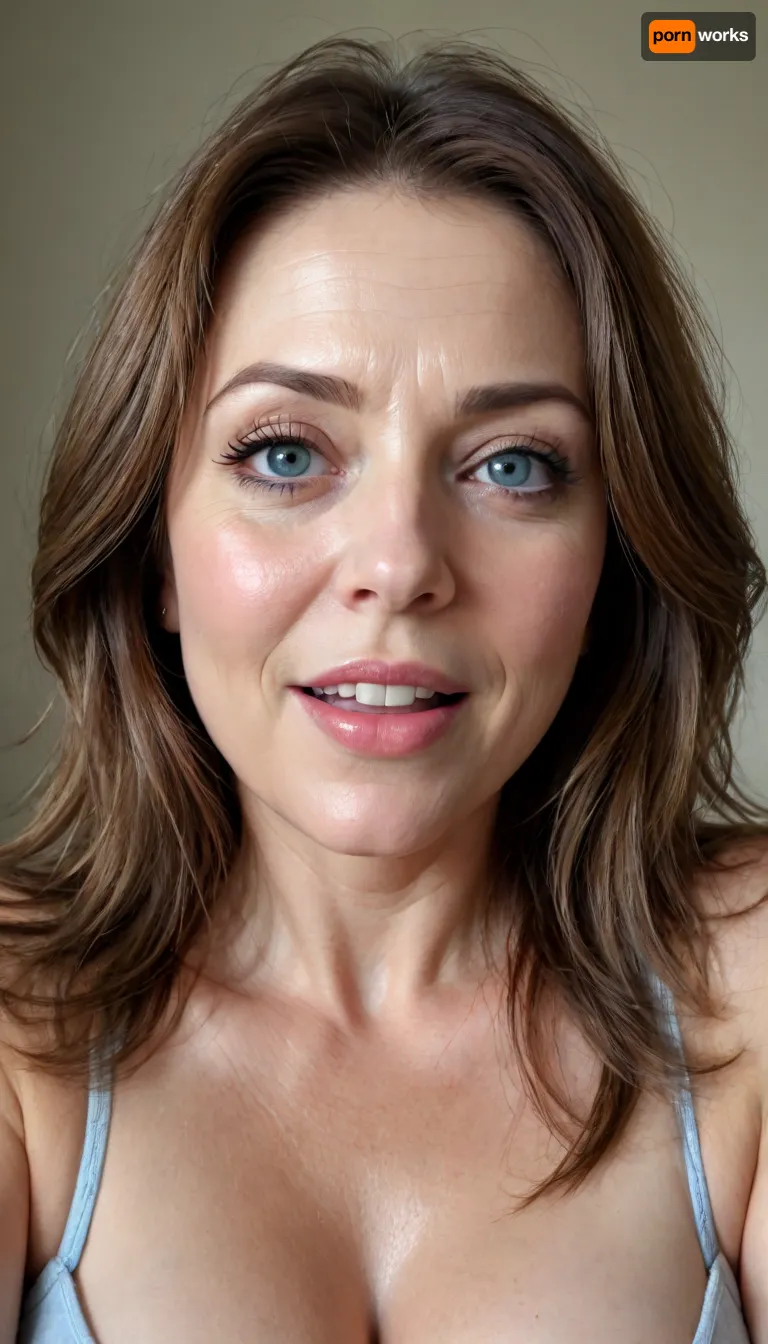 sexy mature, sexy 60 years old, brunette, long wave hair with highlights, chubby, cute smile face, huge bright blue eyes, wide jaw, long big chin, tall, selfie, in the morning, after sleep, messy hair, seductive eyes, chubby round face, lipstick, <lora:rknArouseXL:.8>, <lora:698348_training_data:.8>