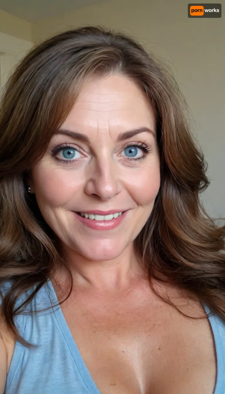 sexy mature, sexy 60 years old, brunette, long wave hair, chubby, cute smile face, huge blue eyes, wide jaw, long big chin, tall, selfie, in the morning, after sleep, messy hair, sleep face, <lora:698348_training_data:.8>