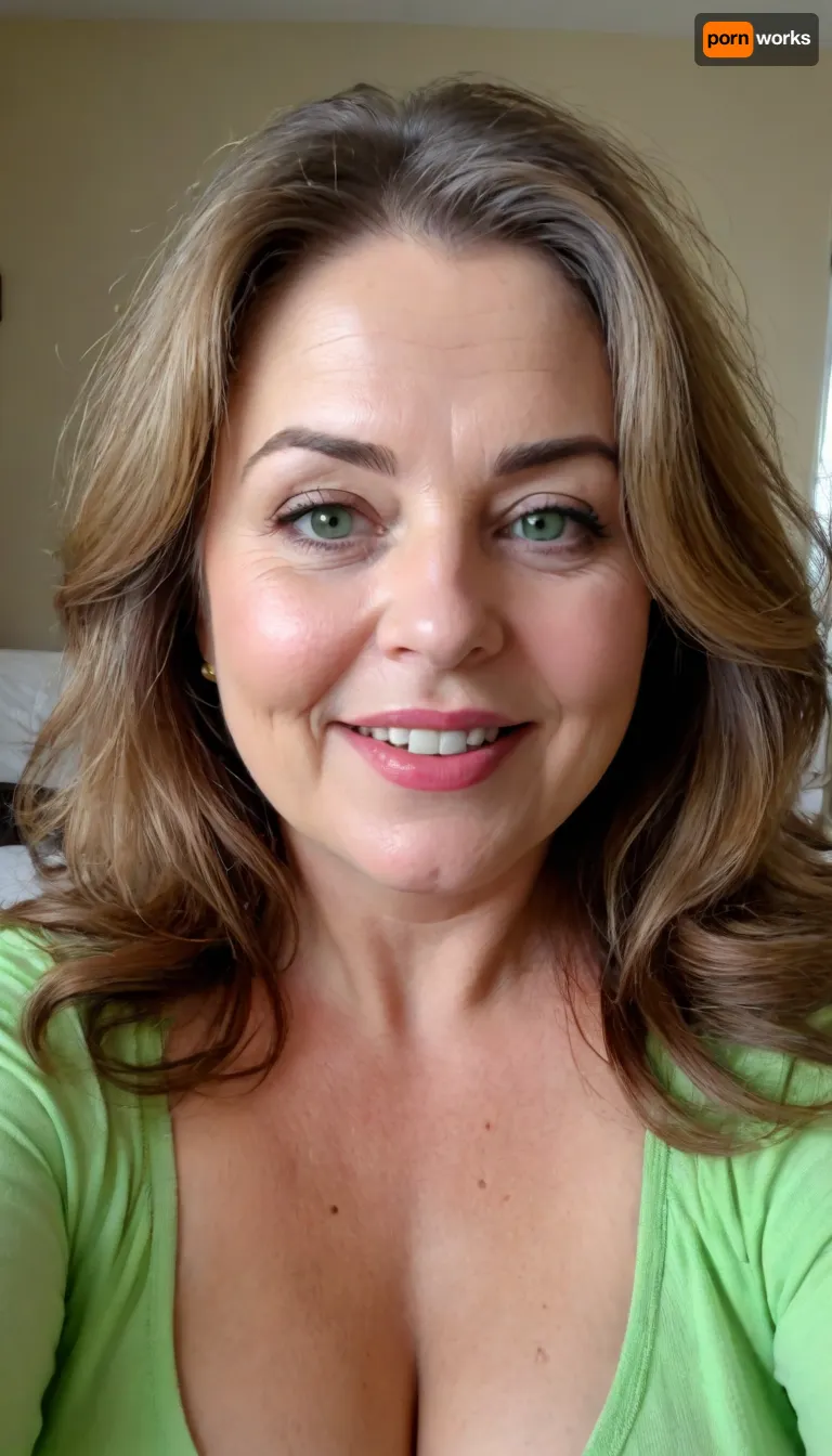 sexy mature, sexy 60 years old, brunette, long wave hair with highlights, chubby, cute smile face, huge bright green eyes, wide jaw, long big chin, tall, selfie, in the morning, after sleep, messy hair, seductive eyes, chubby round face, lipstick, <lora:698348_training_data:.8>