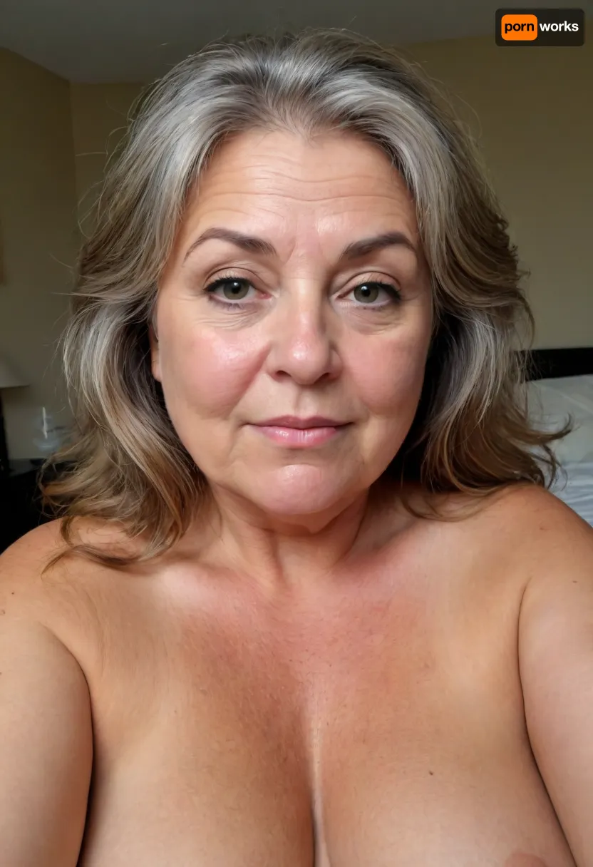 sexy mature old, 75 years old, brunette, long hair, super tiny tits, tan skin, very chubby, fat bbw, sexy, horny, naught face, very small tits, selfie picture, face and boobs focus, sweaty body, very sweaty, in the morning, after sleep, messy hair, morning face, very charming, cute