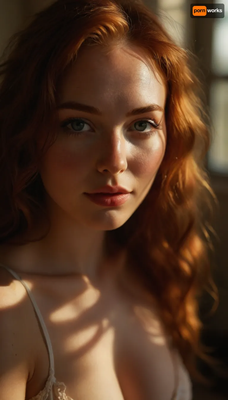 ziprealism, (avant-garde snapshot esthetic, intense lighting, warm sunny lighting, light bloom, god rays, hair glow lighting), (stunning eyes, catch lights, long eyelashes), (f/2.8, f2.8, very shallow depth of field, focus on eyes, low angle shot, profile shot:1.4), (cozy bedroom scene, huge windows, streaming sunlight), (vivid auburn hair, voluminous hair), (huge natural breasts, absurd boobs, soft breasts:1.2), (slender, slim body, skinny), (smug, smug expression, sexy smirk, dimples, full lips), (leaning forward, kneeling), <lora:MJ52:.8>