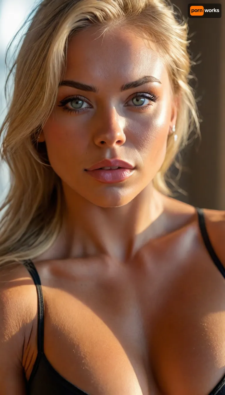 ziprealism, (avant-garde snapshot esthetic, intense lighting, warm sunny lighting, light bloom, god rays, hair glow lighting), (f/2.8, f2.8, very shallow depth of field, focus on eyes, facial closeup, shot in profile:1.4), (vibrant ash-blonde hair, voluminous hair, short hair, swept-back hair), (muscular woman, body builder, muscular shoulders, fitness model:1.4), (smug, perfect eyes, fierce, determined expression), <lora:MJ52:.8>, igbaddie, <lora:igbaddie-XL:.8>