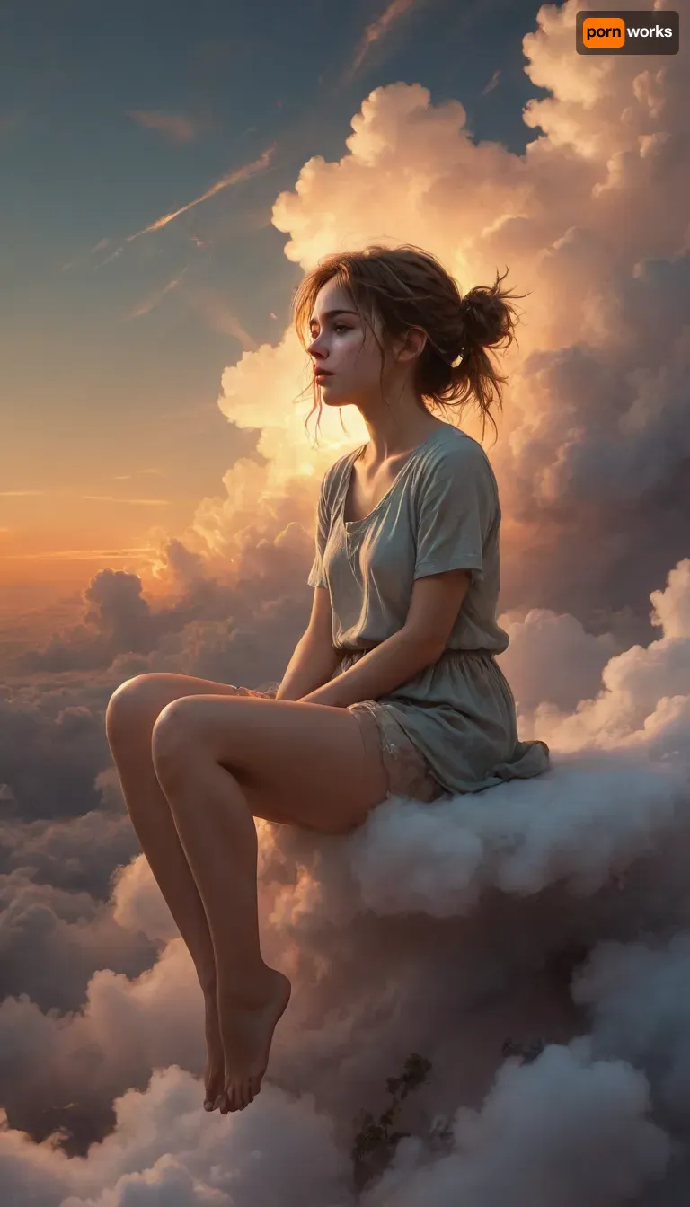 Art by WLOP, Cushart, Carne Griffiths, a very cute beautiful girl sitting on a cloud, dreamy atmospheric lighting, ethereal, serene, captivating composition, beautiful color palette, rough brushstrokes, sunset, above the clouds