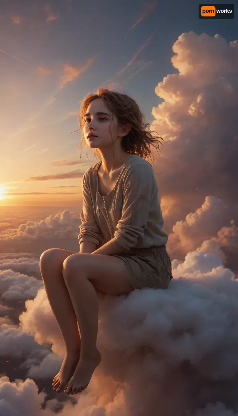 Art by WLOP, Cushart, Carne Griffiths, a very cute beautiful girl sitting on a cloud, dreamy atmospheric lighting, ethereal, serene, captivating composition, beautiful color palette, rough brushstrokes, sunset, above the clouds