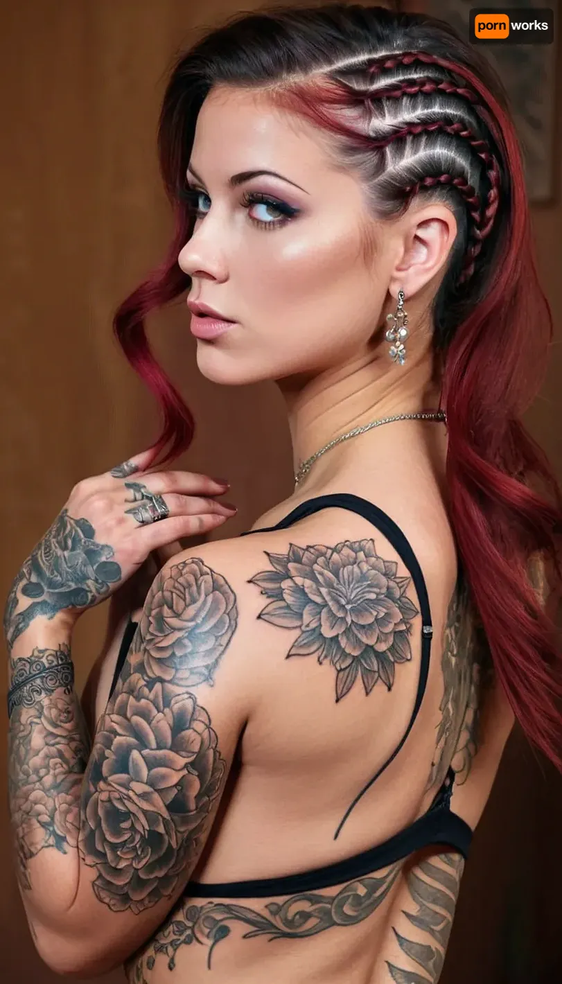 (((Close up shot of girls with tattoos))), (gigantic massive thick dick:1.4), detailed realistic portrait girl with massive breasts, tiny little butt, leggins, full body, massive lips, duo tone braided side ponytail with messy hair, makeup, black with highlights haircolor, nipple piercing, lot of earrings, pale skin, detailed skin, cinematic, great shading, moody lighting, (by Hope Gangloff:1), (petite stout body), flexible, (many, hands, caress, a, woman's, body:1.3), HRGM, hair, ring, in, mouth, tie, tying, adjusting, hold, a, black, on, her, braided, side, TBD, tattoo, <lora:256210_training_data:1.3>, <lora:hair_ring_SDXL_v1:.8>, <lora:Braided_Sides_V1:.8>, <lora:TBD-000008:.8>