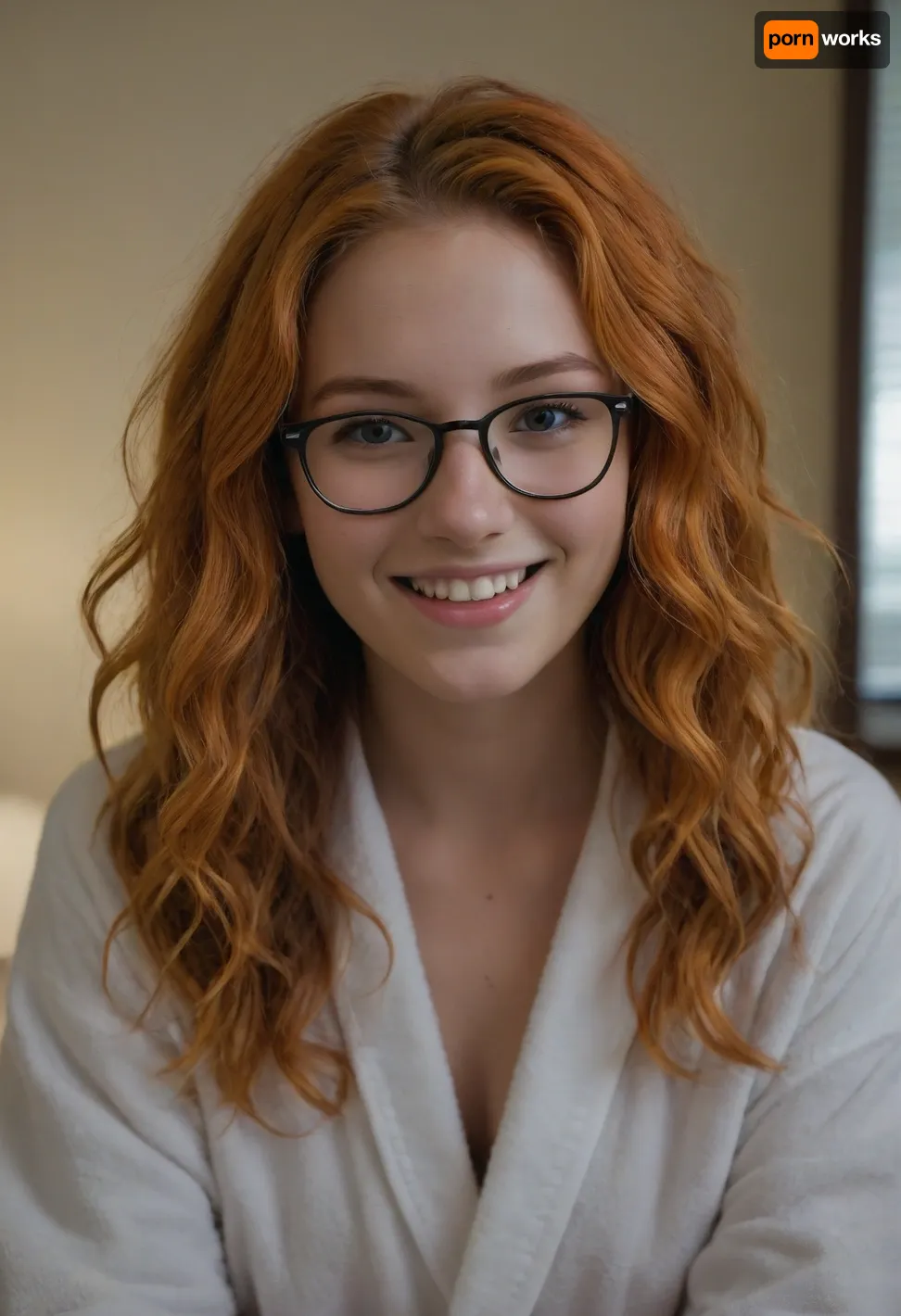 (masterpiece, best quality, high resolution, photorealistic, cinematic lighting), 1 young woman, age 18, college age, (teen:1.3), sitting on the edge of her bed, white skin, super cute, excited smiling face, (bright-orange hair:1.5), long hair, frizzy curly hair, skinny, short waist, petite, glasses with a black frame with a black frame, (wearing a white terrycloth bathrobe), in a college dorm bedroom, portrait from the waist up, <lora:ahxl_v1:.8>, <lora:add-detail-xl:.8>