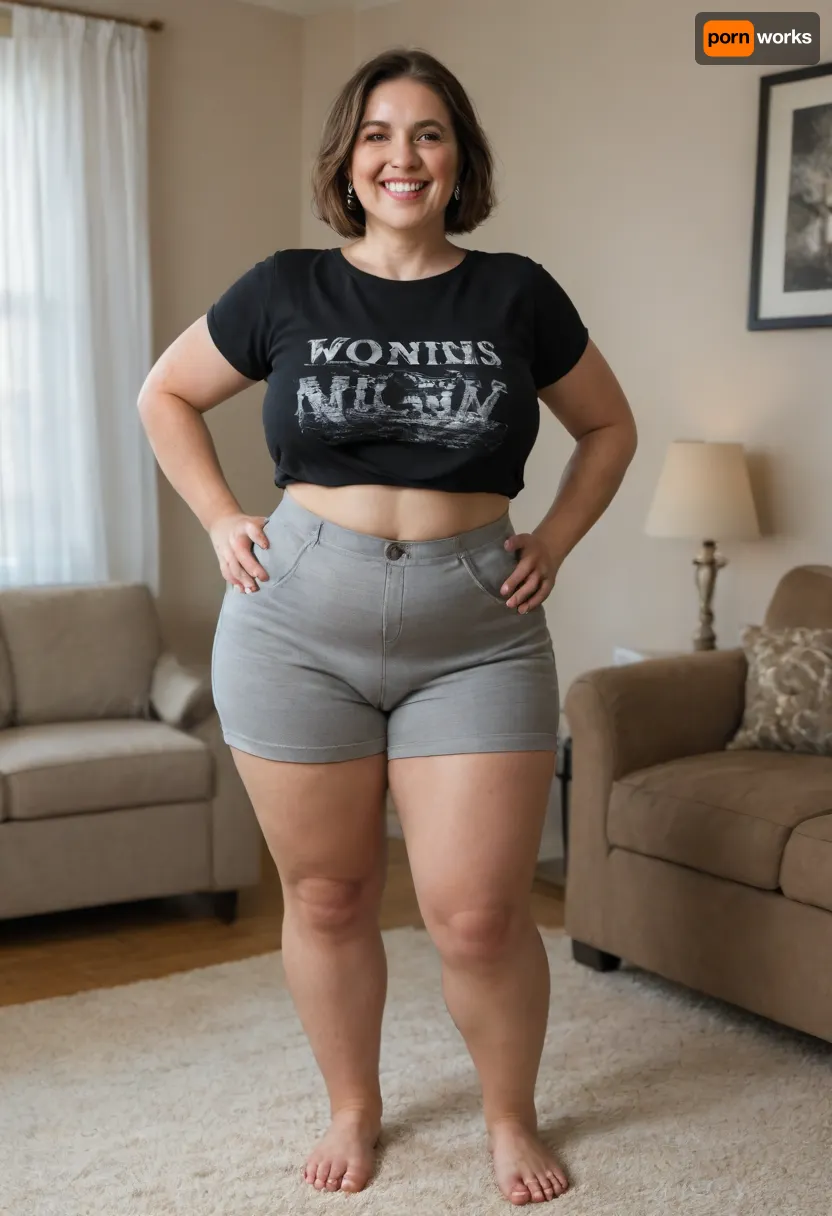 Full portrait picture of a obese 70 year old mature woman, gilf, in a living room, plump waist, thick, big fupa, cameltoe, wide hips, heather grey t-shirt, high waist heather grey shorts, fat round face, (really saggy tits), light eyes, long hair, bob cut brunette hair, slicked-back hair, wide bowed lips, lips parted, smiling, laugh lines, wrinkles around eyes, drooping saggy c-cup torpedo tits, fully dressed