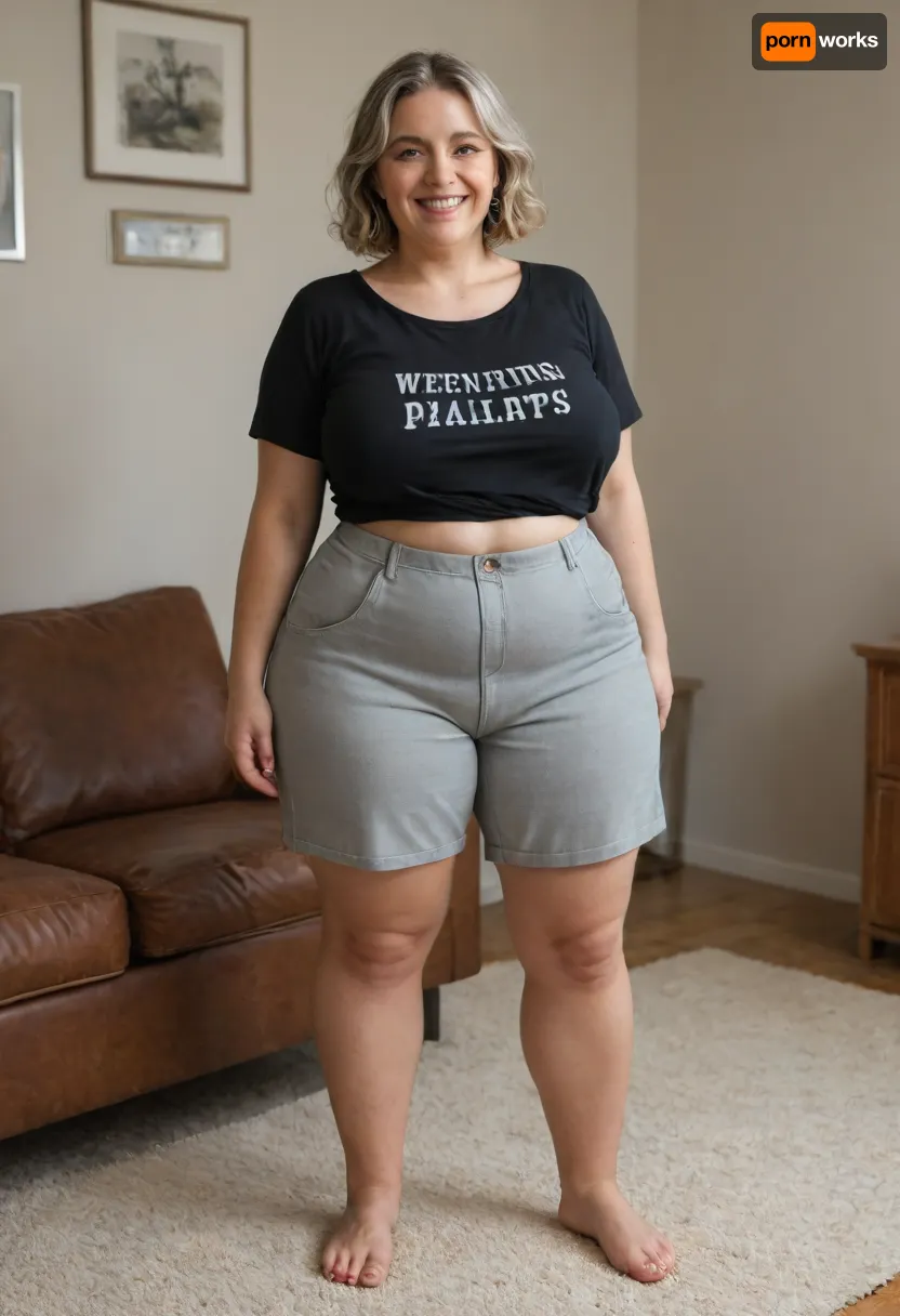 Full portrait picture of a obese 70 year old mature woman, gilf, in a living room, plump waist, thick, big fupa, deep cameltoe, wide hips, heather grey t-shirt, high waist heather grey shorts, fat round face, (really saggy tits), light eyes, long hair, bob cut light brunette hair with highlights, slicked-back hair, wide bowed lips, lips parted, smiling, laugh lines, wrinkles around eyes, drooping saggy c-cup torpedo tits, fully dressed