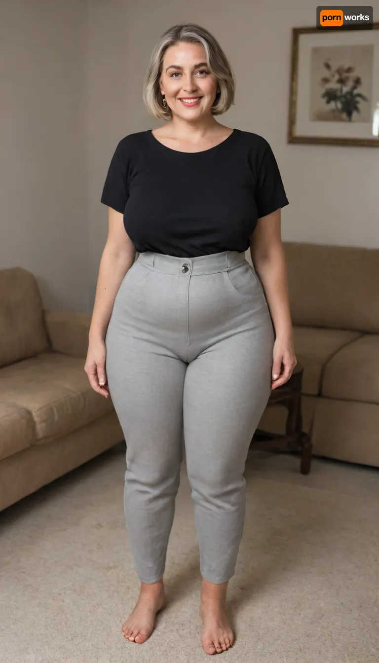 Full portrait picture of a obese 70 year old mature woman, gilf, in a living room, plump waist, thick, big fupa, deep cameltoe, wide hips, heather grey plain t-shirt, high waist heather grey shorts, fat round face, (really saggy tits), light eyes, bob cut light brunette hair with highlights, slicked-back hair, wide bowed lips, lips parted, smiling, laugh lines, wrinkles around eyes, drooping saggy c-cup torpedo tits, fully dressed