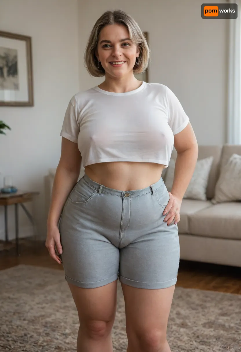 Full portrait picture of a obese 70 year old mature woman, gilf, in a living room, plump waist, thick, big fupa, deep cameltoe, wide hips, heather grey plain t-shirt, high waist heather grey shorts, fat round face, (really saggy tits), light eyes, bob cut light brunette hair with highlights, slicked-back hair, wide bowed lips, lips parted, smiling, laugh lines, wrinkles around eyes, drooping saggy c-cup torpedo tits, fully dressed