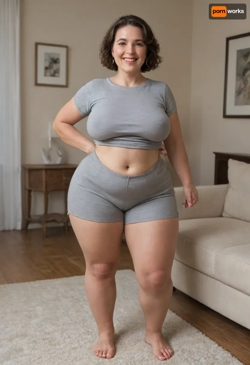 Full portrait picture of a obese 70 year old mature woman, gilf, in a living room, plump waist, thick, big fupa, cameltoe, wide hips, heather grey t-shirt, satin high waist heather grey shorts, fat round face, (really saggy tits), light eyes, bob cut brunette hair, slicked-back hair, wide bowed lips, lips parted, smiling, laugh lines, wrinkles around eyes, drooping saggy c-cup torpedo tits, fully dressed