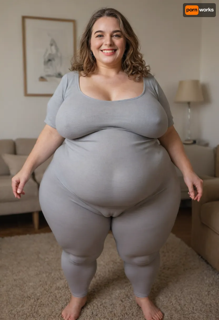 Full portrait picture of a, (obese:1.5), 60 year old mature woman, gilf, in a living room, plump waist, thick, big fupa, (cameltoe:1.3), wide hips, heather grey leotard, very tight cotton high waist heather grey leggings, fat round face, (really saggy tits), light eyes, long hair, layered cut light brunette hair, slicked-back hair, wide bowed lips, lips parted, smiling, laugh lines, wrinkles around eyes, drooping saggy c-cup torpedo tits, fully dressed