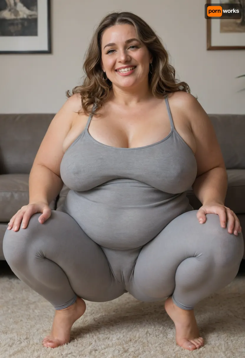 Lubica, Full portrait picture of a, (obese:1.5), 60 year old mature woman, gilf, in a living room, plump waist, thick, big fupa, (cameltoe:1.3), wide hips, heather grey leotard, very tight cotton high waist heather grey leggings, fat round face, (really saggy tits), light eyes, long hair, layered cut light brunette hair, slicked-back hair, wide bowed lips, lips parted, smiling, laugh lines, wrinkles around eyes, drooping saggy c-cup torpedo tits, fully dressed, squatting
