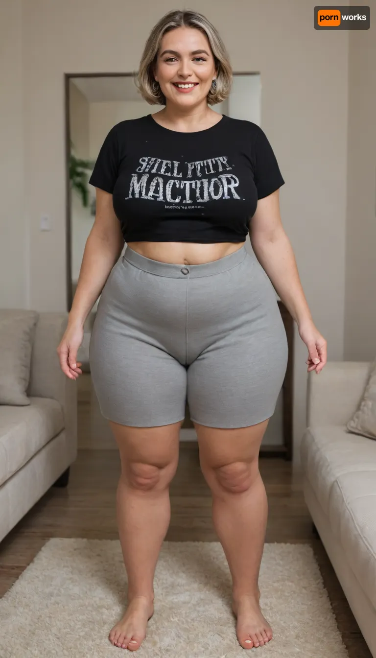 Full portrait picture of a obese 70 year old mature woman, gilf, in a living room, plump waist, thick, big fupa, deep cameltoe, wide hips, heather grey plain t-shirt, high waist heather grey shorts, fat round face, (really saggy tits), light eyes, bob cut light brunette hair with highlights, slicked-back hair, wide bowed lips, lips parted, smiling, laugh lines, wrinkles around eyes, drooping saggy c-cup torpedo tits, fully dressed