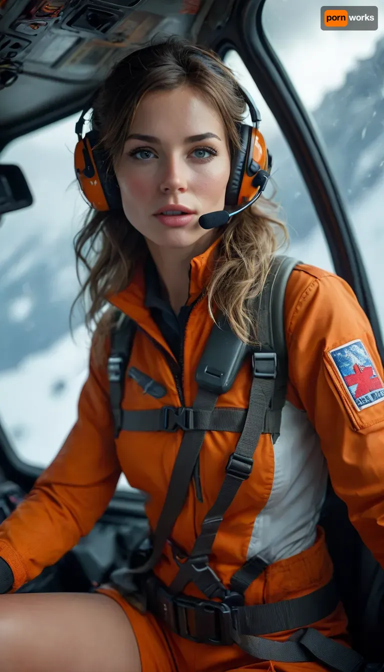 Rating_explicit, score_9, score_8_up, score_7_up, (masterpiece, ultra-detailed, erotic glamour), a beautiful female mountain rescuer sitting in a helicopter, unzipped rescue suit, huge breasts, hairy pussy, fingering her pussy, her hand inside her panties, flushed cheeks, sensual facial expression, biting her lip, helicopter cockpit interior, headset on, snowy mountains visible through the window, erotic atmosphere, photorealistic, cinematic lighting, soft shadows, realistic anatomy, skin detail, wind-blown hair, foggy breath on glass, <lora:MJ52:.8>
