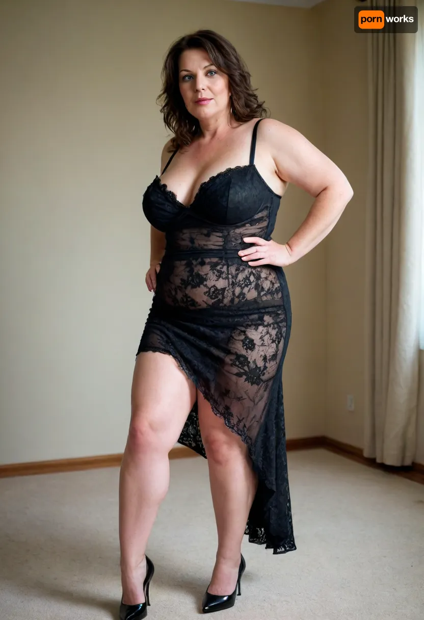 This photo is very exciting.Uncensored.woman, Vulgar, cynical, depraved, shabby, A middle-aged, overweight wife in a revealing dress, flirtatiously showing her legs