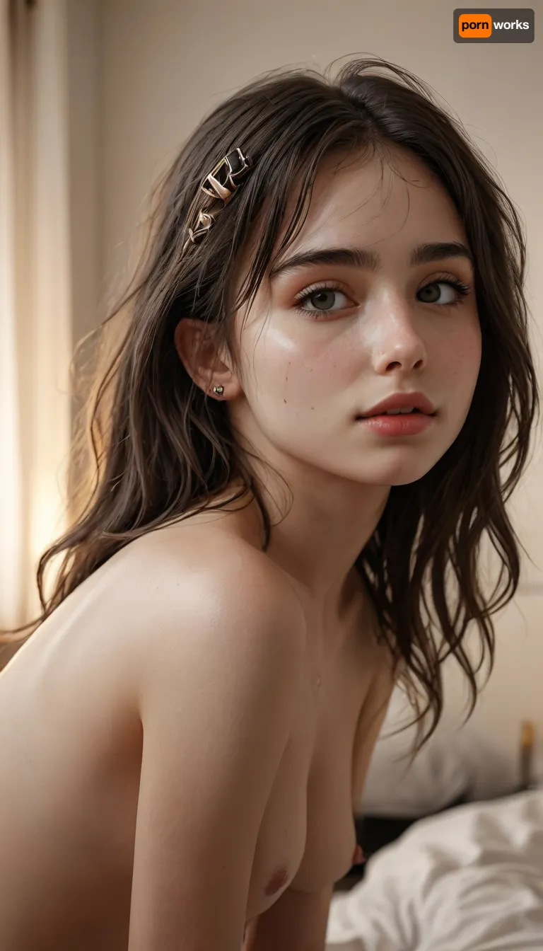 (Very young woman:1.6), (((very teenage))), on the floor, (straight even hair clips:1.8), e-girl aesthetic, (perky firm small tits), slender body, (eye contact), (innocent), bedroom, photorealistic, (skinny), (side view), (narrow waist), naked nude, (very shiny skin:1.9), (((mascara))), (makeup:1.7), shock, longnips, longnipsxl, (((hair highlighting))), (standing:1.5), (((detaled moles all over the body))), (((extremely long big thick eyelashes))), (((very black hair))), candelarkn, Andi, <lora:detailed_notrigger:1>, <lora:Realism_Lora_By_Stable_yogi_SDXL8.1:1.6>, <lora:RKN_CandelaXL:2>, <lora:467443_training_data:2>, <lora:MJ52:.8>