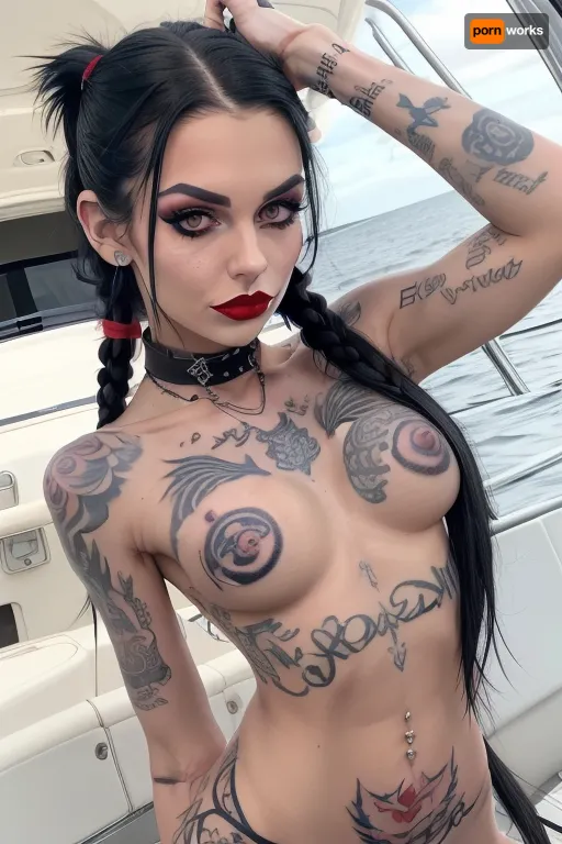 18 year old, on a yacht, medium breasts, skinny face, hair style long, hair color raven black, pigtails, (Facial Expression cute), (thin neck), (tattoo, many tattoos, arms tattoo, stomach tattoo, shoulder tattoo), slutty, (black choker necklace), (goth make-up), (red lipstick), nipple rings, full body tattoos