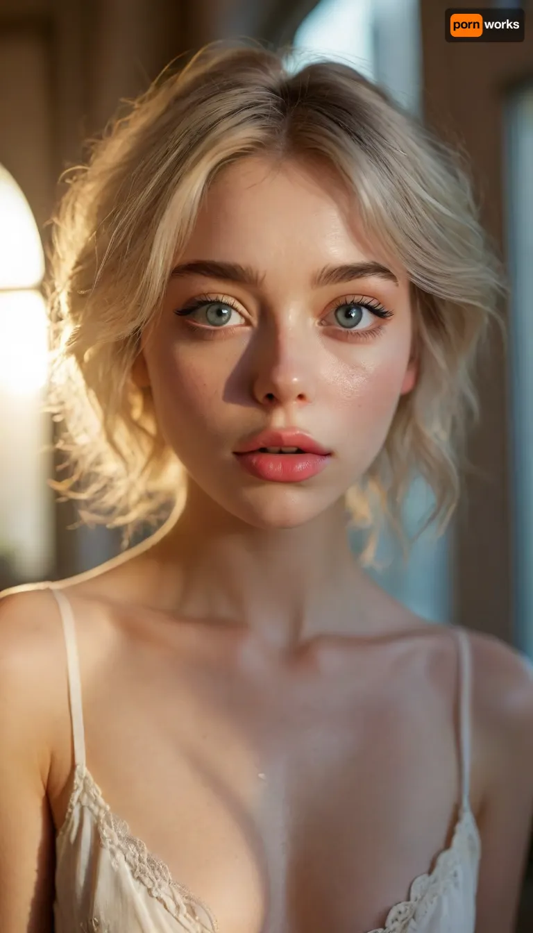 ziprealism, (avant-garde surreal esthetic), (light bloom, lens flare, hair glow lighting), (modern bedroom, large cozy windows), soft bokeh, (f/2.8, f2.8, (shallow depth of field), , , facial closeup, low angle shot, focus on eyes:1.4), (ash-blonde hair with dark roots, swept-back hair, short hair), (catchlights, limbal rings, large expressive eyes, bright stunning eyes, perfect eyes), (adoration, loving gaze, in love), (flawless porcelain skin:1.2), <lora:MJ52:.8>, igbaddie, <lora:igbaddie-XL:.4>