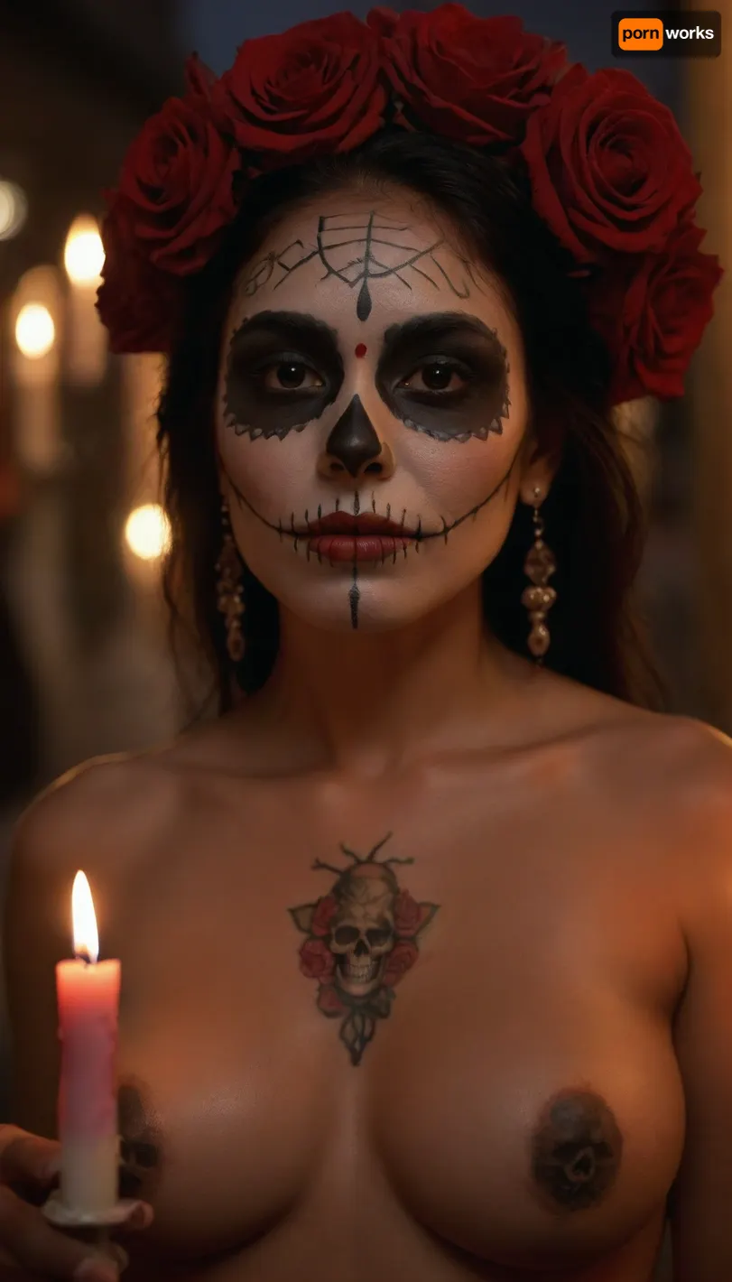 Busty naked Mexican woman in a public street with catrina face painting, no clothes, D14, D3, L0s, Mu3rt0s, female, painted, skull, roses, candles, <lora:Día_De_Los_Muertos:1.5>, pulled back zoom, 3/4 view, masterpiece, 32k, very detailed, atmospheric lighting, perfect lighting perfect centered