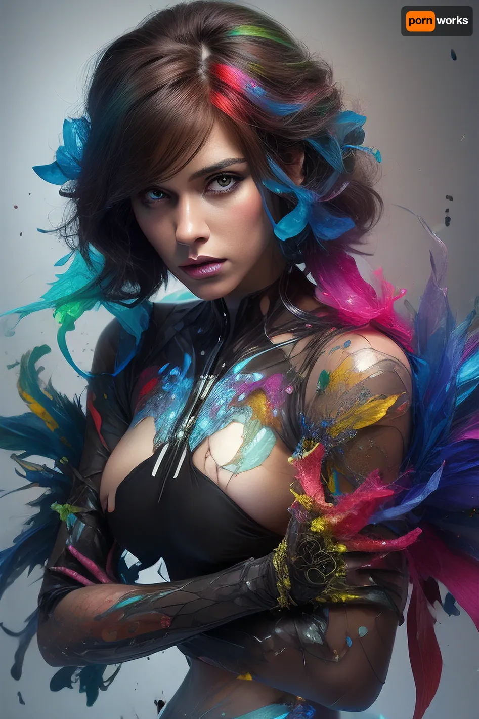 A double-exposure image in which a woman is overlaid with colors, blending human features with glass elements. she kneels, #©KITTYART



































#©KITTYART