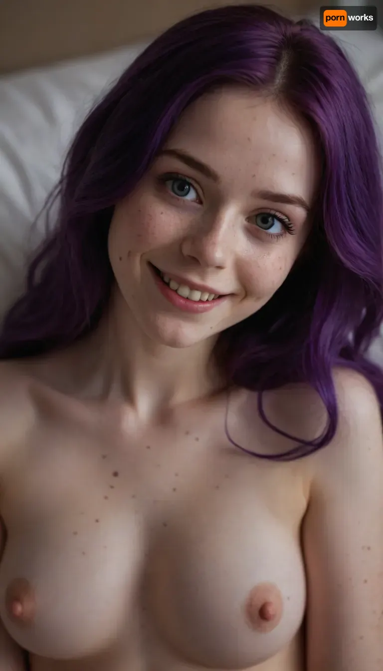 Woman, very cute elve, 21 years old, pale skin, freckles, purple hair, long hair, cute smile, (cumshot on face), natural medium breasts, makeup, naked, laying on bed