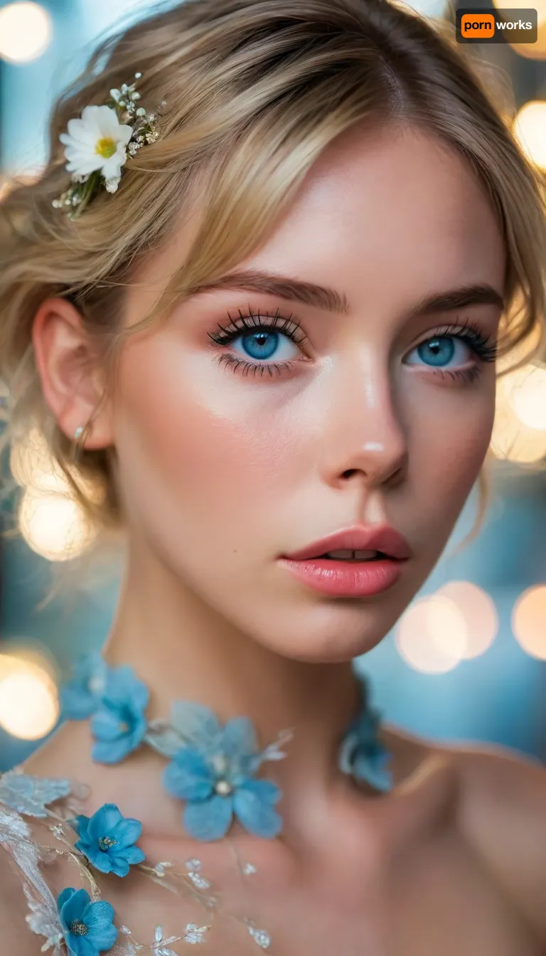 ziprealism, (avant-garde fashion esthetic, professional portrait), (f/2.8, f2.8, f28, (shallow depth of field), , , soft bokeh, face closeup, tight closeup, shot in profile, focus on eyes:1.4), (ash-blonde hair with dark roots, short hair, swept-back hairstyle, flowers in hair), (catchlights, limbal rings, large expressive eyes, stunning blue eyes, long delicate eyelashes, perfect eyes), (full lips, soft lips, soft facial features), (white waterline eyeliner, doe-eye makeup), (adoration, loving gaze, in love), (flawless porcelain skin), <lora:MJ52:.8>, igbaddie, <lora:igbaddie-XL:.4>