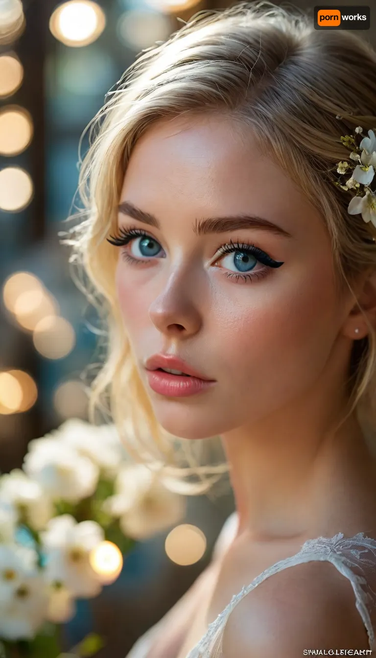 ziprealism, (avant-garde fashion esthetic, professional portrait, shot in profile), (f/2.8, f2.8, f28, (shallow depth of field), , , soft bokeh, facial closeup, focus on eyes:1.4), (ash-blonde hair with dark roots, short hair, swept-back hairstyle, flowers in hair), (catchlights, limbal rings, large expressive eyes, stunning blue eyes, long delicate eyelashes, perfect eyes), (full lips, soft lips, soft facial features), (white waterline eyeliner, doe-eye makeup), (adoration, loving gaze, in love), (flawless porcelain skin), <lora:MJ52:.8>, igbaddie, <lora:igbaddie-XL:.4>