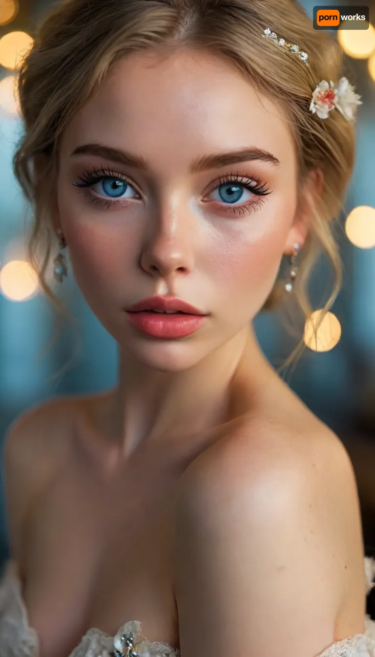 ziprealism, (avant-garde fashion esthetic, professional portrait, shot in profile), (f/2.8, f2.8, f28, (shallow depth of field), , , soft bokeh, facial closeup, focus on eyes:1.4), (ash-blonde hair with dark roots, short hair, swept-back hairstyle, flowers in hair), (catchlights, limbal rings, large expressive eyes, stunning blue eyes, long delicate eyelashes, perfect eyes), (full lips, soft lips, soft facial features), (white waterline eyeliner, doe-eye makeup), (adoration, loving gaze, in love), (flawless porcelain skin), <lora:MJ52:.8>, igbaddie, <lora:igbaddie-XL:.4>