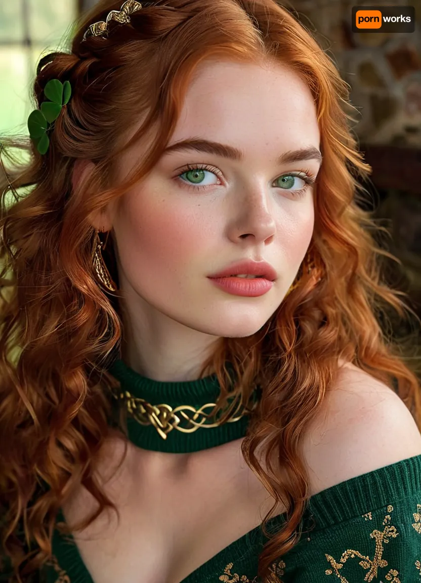 (masterpiece, best quality, ultra-detailed, photorealistic, HDR, extreme close-up portrait, face centered in the frame, direct eye contact with viewer, every feature in the sharpest focus, high-glamour cinematic beauty lighting), female, 18 years old, Siobhan, Irish, with an enchanting, ultra-attractive yet sweet and youthful Celtic appearance, perfectly symmetrical facial structure, flawless luminous milky-pale skin dusted with natural freckles, softly rounded jawline and petite oval chin, high well-defined cheekbones with warm peachy blush and radiant highlights, refined petite nose with a slight upturn, very large sparkling almond-shaped emerald green eyes, intense dark limbal rings, elegant elongated outer corners, ("fox eyes"), moist glossy waterline, ultra-long thick upward-curled copper lashes, boldly defined arched fiery auburn brows, small cluster of freckles on the bridge of her nose, plush softly blushed cheeks, (extremely full, heart-shaped, ultra-glossy, enlarged plump lips:1.5), lips painted in vivid ruby-red lacquered lipstick, parted in a playful, inviting smile showing a glimpse of perfect white teeth, eyelids adorned with shimmering gold and moss-green eyeshadow, precise winged eyeliner, gentle smoky accent, every eyelash and brow hair rendered in precise detail, exactly even spacing between brows and nose, fine ginger hairs along the hairline, (flawless, ultra-long, thick naturally wavy fiery red hair cascading well past her hips, framing her face and styled in an elaborate loose braid with tiny golden and shamrock hairpins:1.2), expression radiates lively innocence and unmistakable Irish charm, pronounced hourglass figure, (large full natural round breasts:1.2), ultra-narrow sculpted waist, (fully revealed navel and bare waist, the upper part of her wide hips and thighs clearly visible:1.2), dressed in a luxurious off-shoulder forest green cashmere crop sweater with Celtic knot embroidery, extra deep plunging neckline emphasizing her cleavage, ultra-short designer tweed mini skirt in traditional moss-green and gold pattern, sheer premium nude over-the-knee stockings, cozy brown leather lace-up boots, elegant gold earrings, matching clover bracelet, pearl necklace and gold shamrock accents in her hair, seated gracefully by a roaring stone hearth in a rustic Irish cottage, holding a steaming mug of rich hot chocolate, surrounded by plaid wool throws, carved oak furniture, flickering candlelight, sunlight streaming through small leaded windows with view of wild green hills and stone walls, vibrant Irish winter atmosphere, every facial feature and all details perfectly and sharply rendered, five distinct non-fused fingers on each hand, <lora:MJ52:1>, <lora:SDXLHighDetail_v6-000005:.8>, <lora:Microwaist_XL_v01:.8>